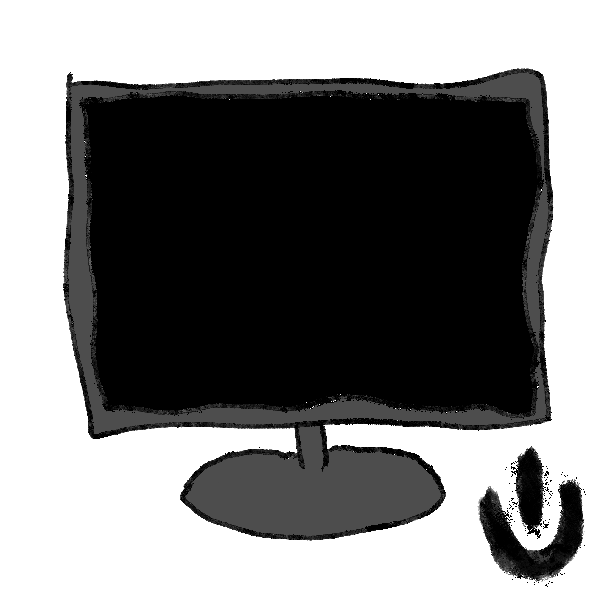 a computer monitor with a black screen and a black power symbol in the bottom right